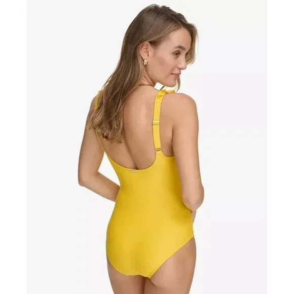 Dkny Ruffle Plunge Underwire Tummy Control One-Piece Swimsuit Yellow Size 12 $98 - Picture 2 of 3